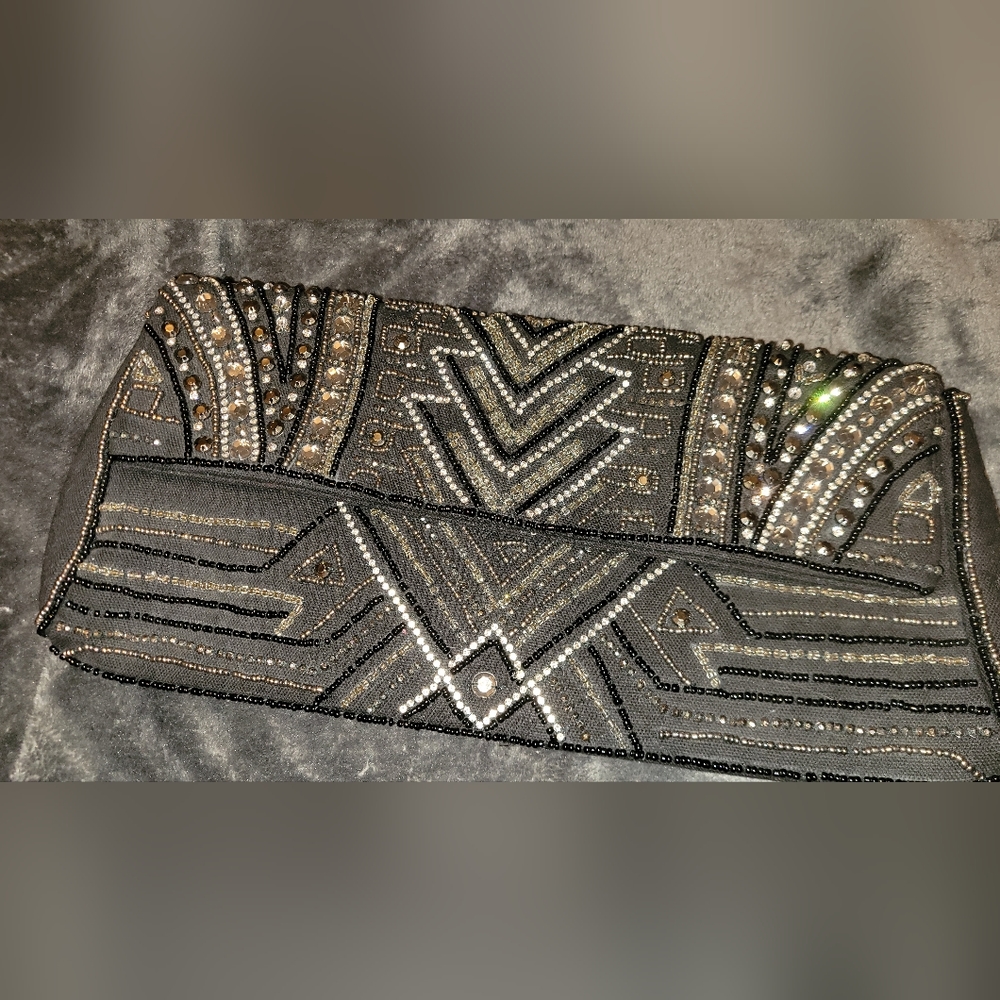 Vintage Chicos beaded evening clutch handbag purse gold colors